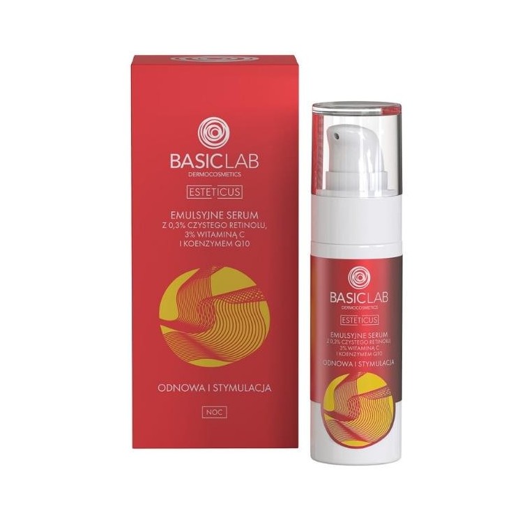 BasicLab Esteticus emulsyjne Serum z 0,3% czystego Retinolu, 3% Witaminą C odnowa i stymulacja 30 ml