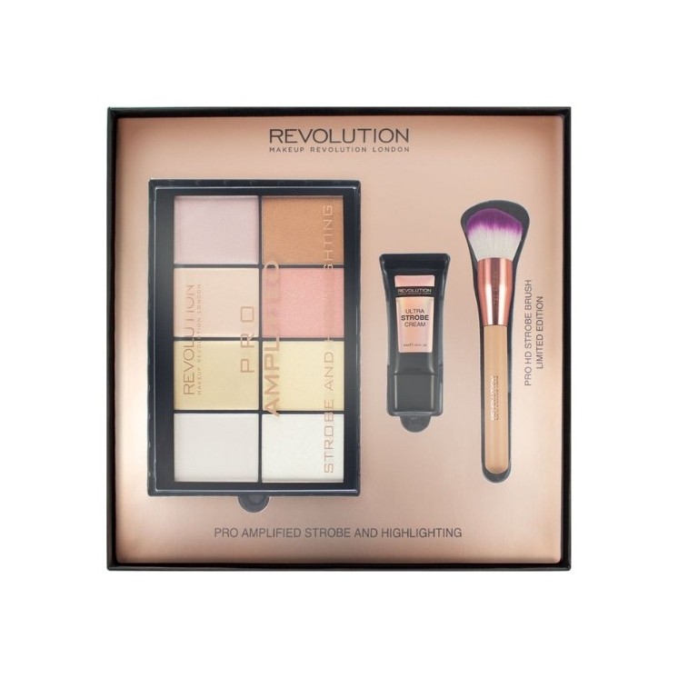 Makeup Revolution Zestaw prezentowy: Paletka cieni rozświetlaczy, Podklad w kremie, Pędzel do rozświetlacza