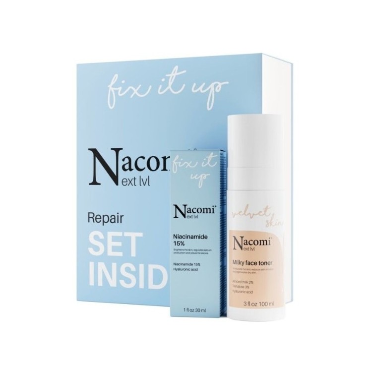 Nacomi Next Level Zestaw prezentowy Repair Tonik mleczny nawilżający 100 ml + Serum niacynamin 15% 30 ml