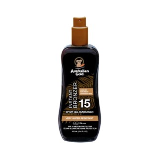 Australian Gold SPF spray gel with bronzer protects against UVA/UVB, si quickly, moisturizes and enhances the effect of a darker