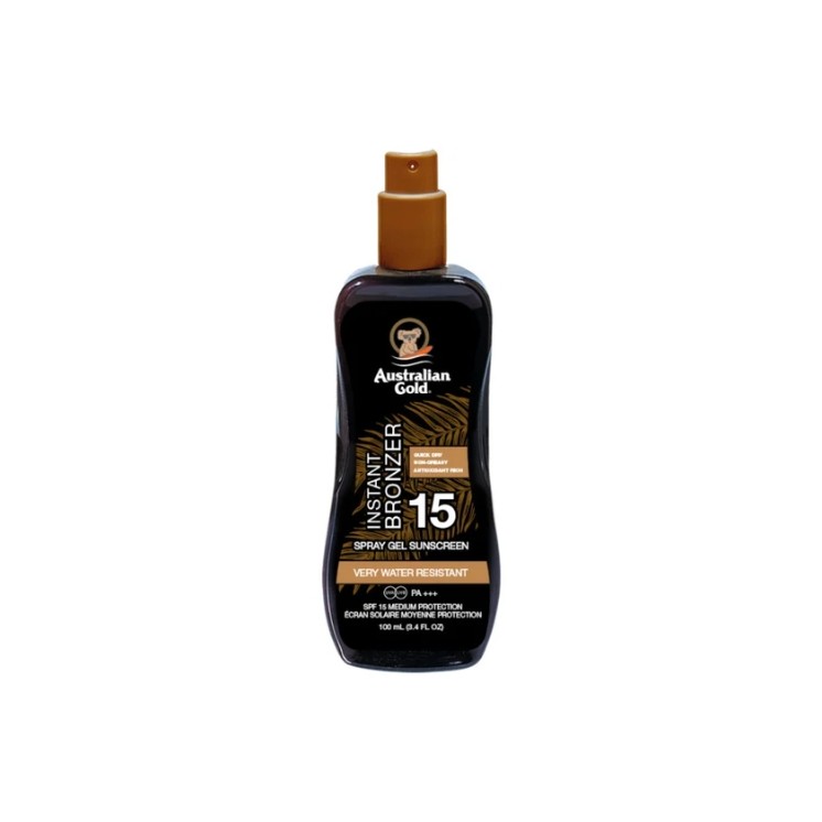 Australian Gold SPF spray gel with bronzer protects against UVA/UVB, si quickly, moisturizes and enhances the effect of a darker