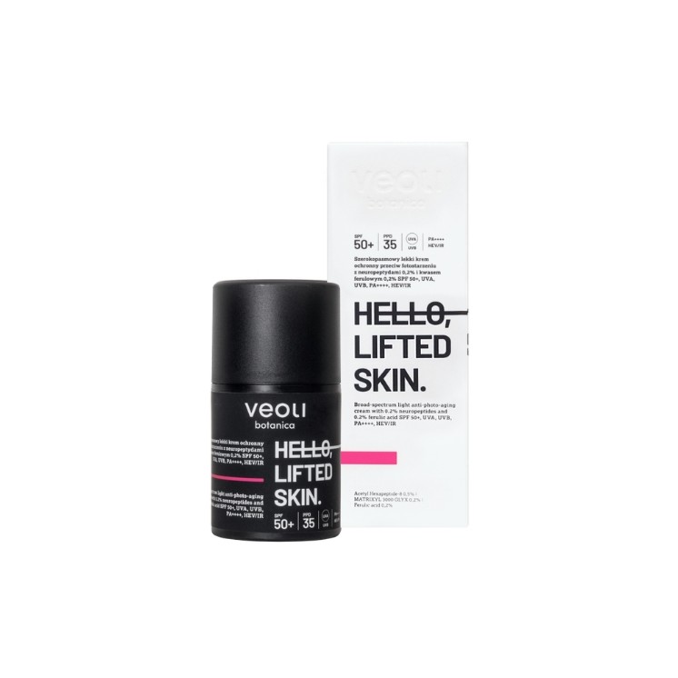Veoli Botanica Hello, Lifted Skin lekki Krem ochronny przeciw fotostarzeniu SPF50+ z Neuropeptydami 0,2%  50 ml