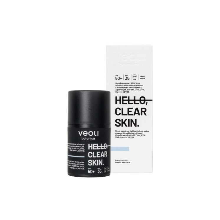 Veoli Botanica Hello, Clear Skin lekki Krem ochronny przeciw fotostarzeniu SPF50+ z Prebiotykami 0,5%  50 ml