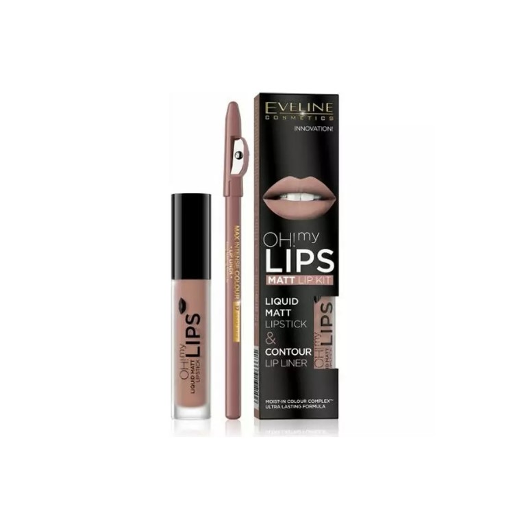 Eveline OH My Lips Pomadka matowa w płynie 4,5 ml + Konturówka do ust zestaw /01/ Neutral Nude